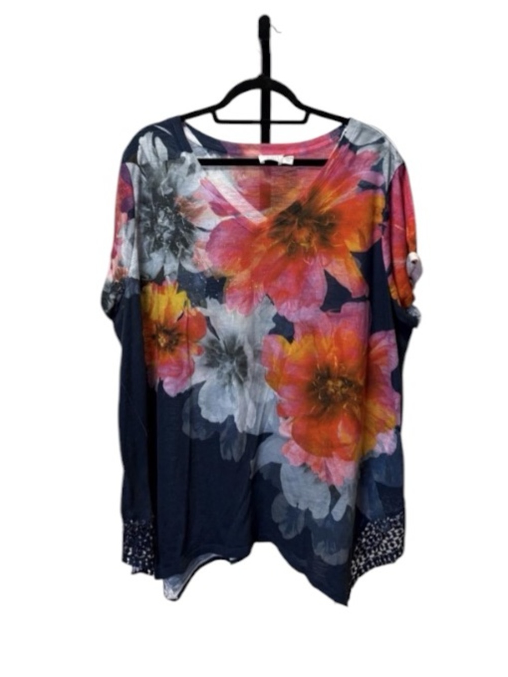Time and Tru Navy Top with Pink & Orange Floral Print